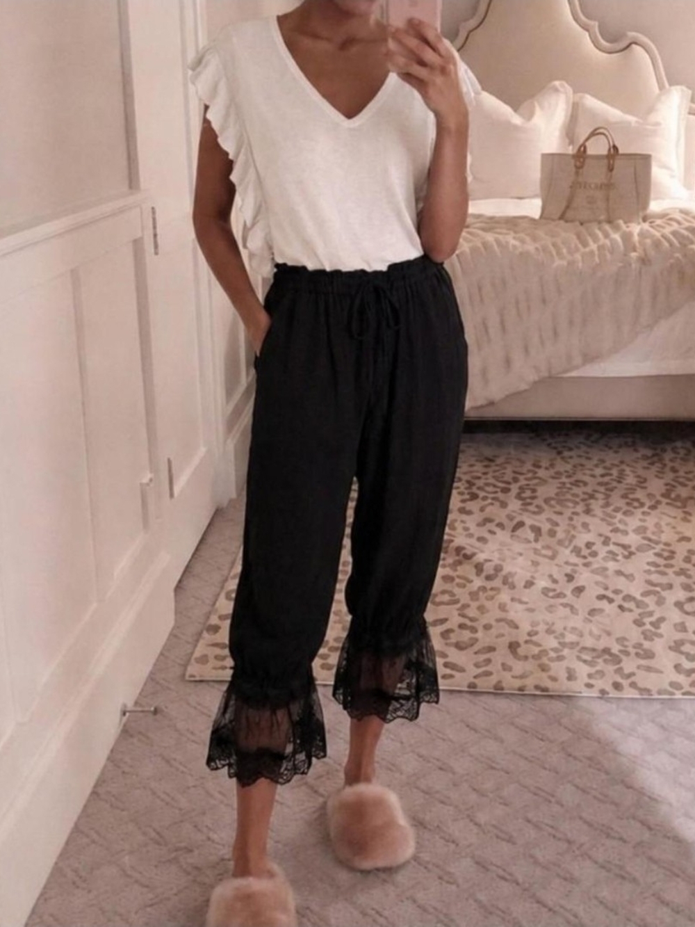 Black Lace-Hem Drawstring Crop Pants